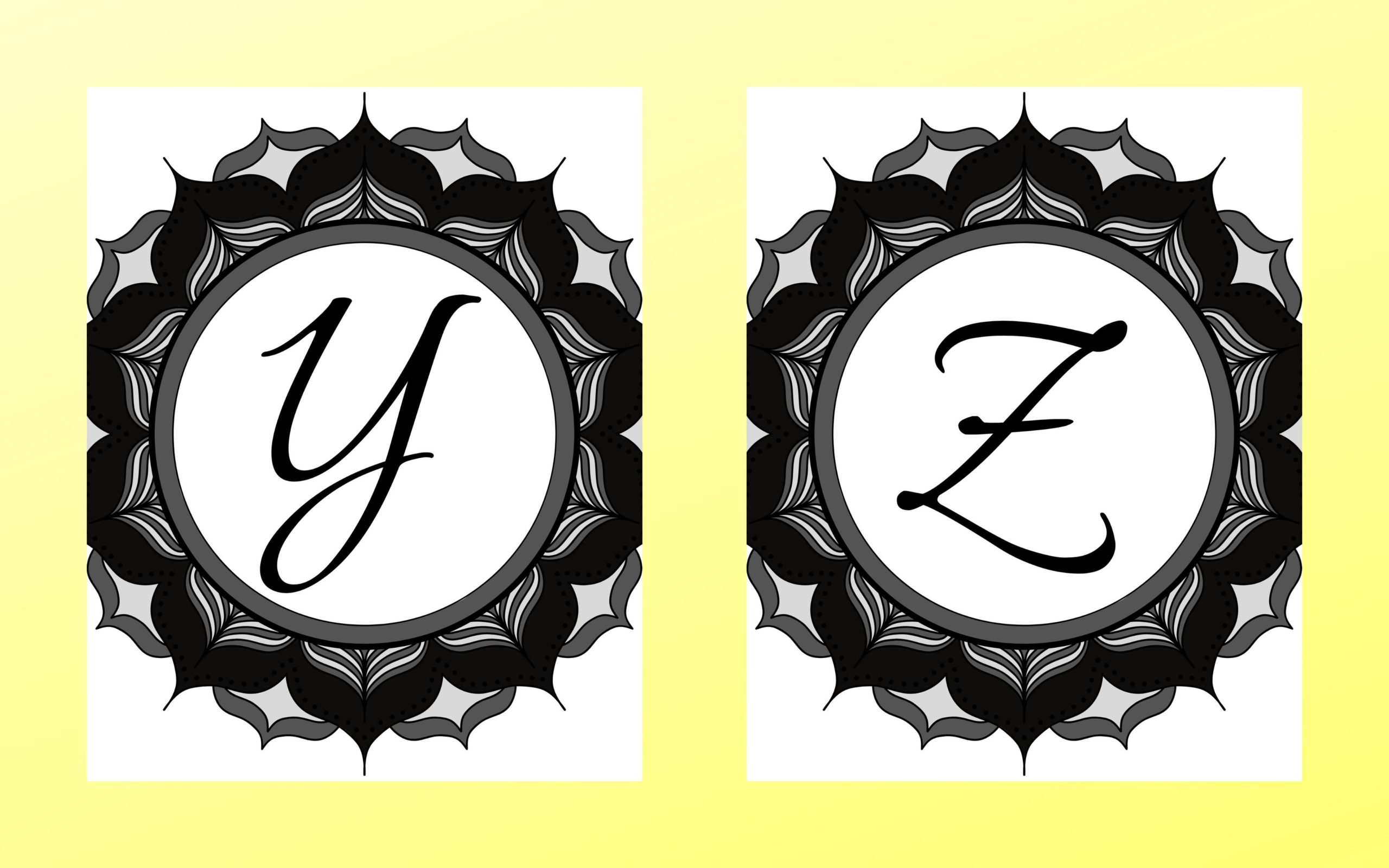 Black, gray, and white Letter Printable in a boho design. (Letter Y & Z )