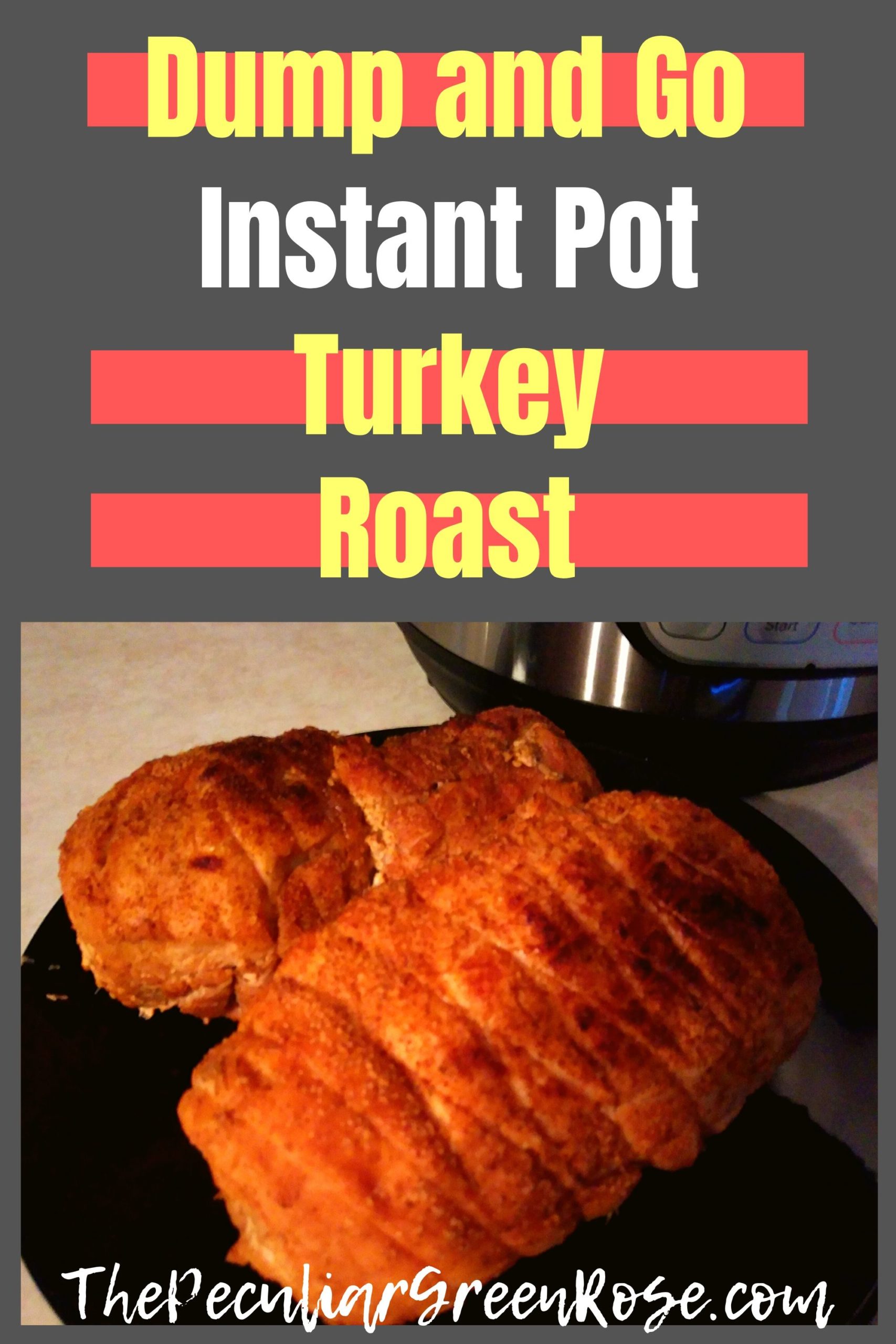 A black plate with two Turkey roasts sitting in front of an Instant Pot on a counter.