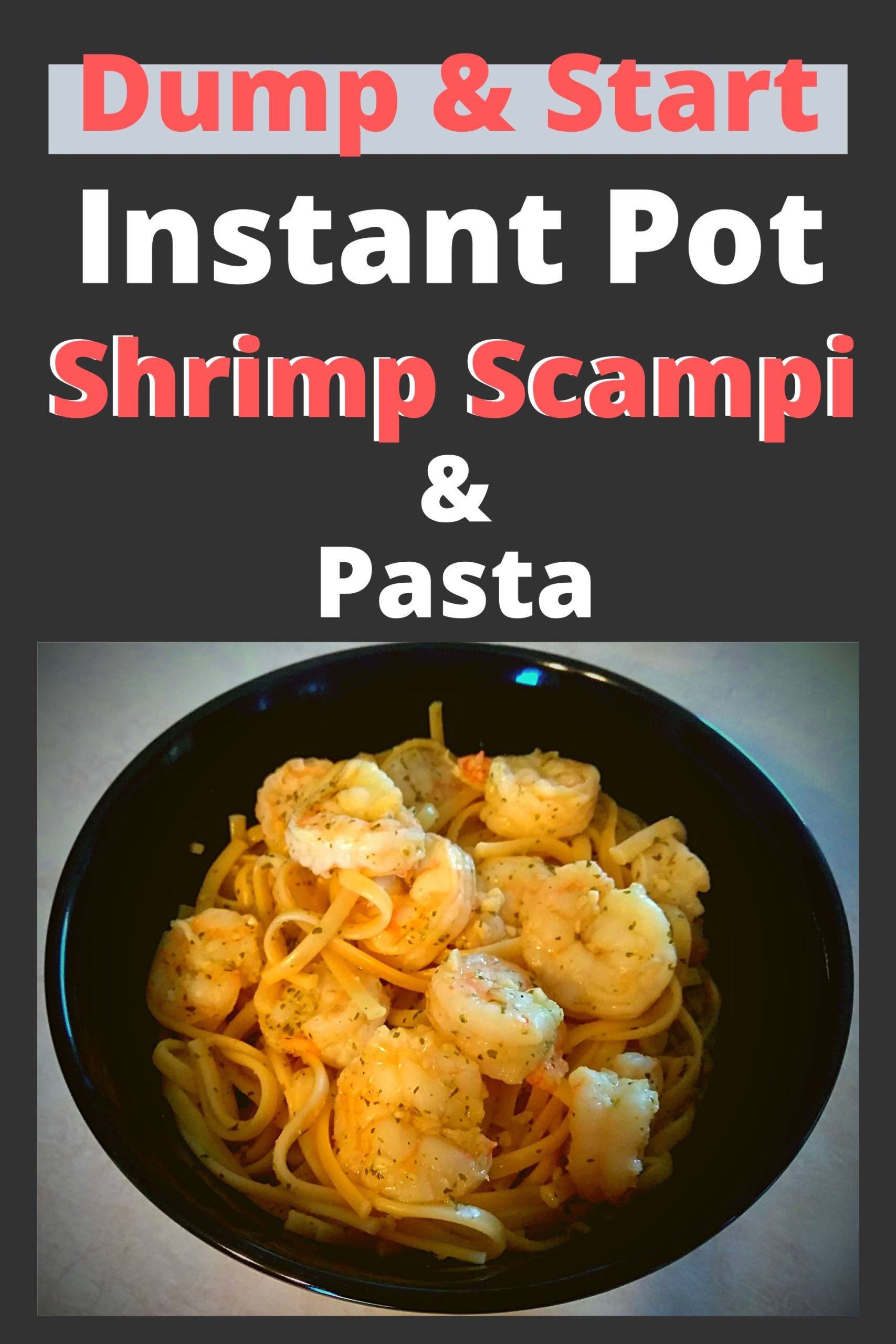 A black bowl filled with instant pot shrimp scampi with linguini pasta