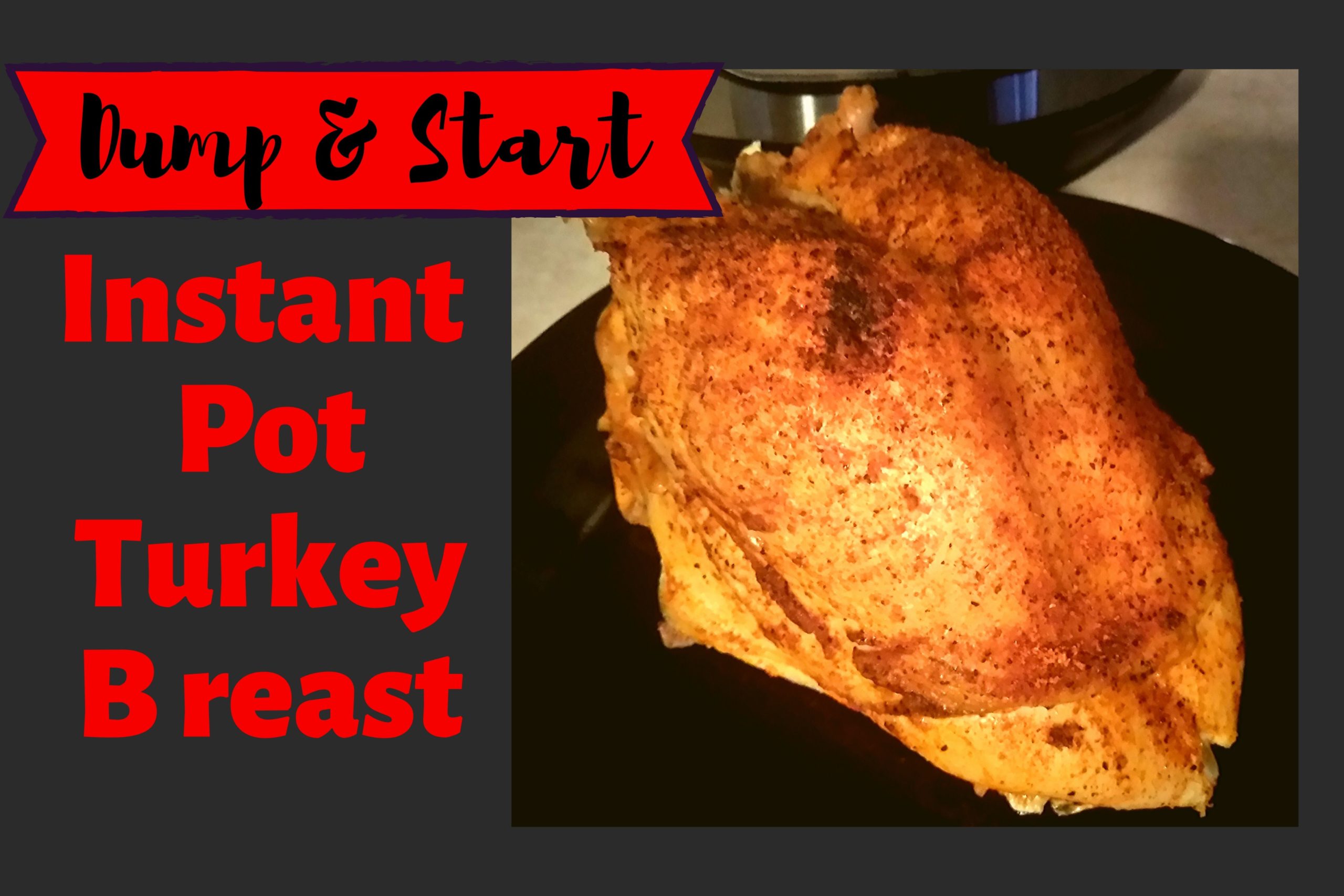 A black plate on a counter with a crispy brown turkey breast on top sitting in front of an Instant Pot.