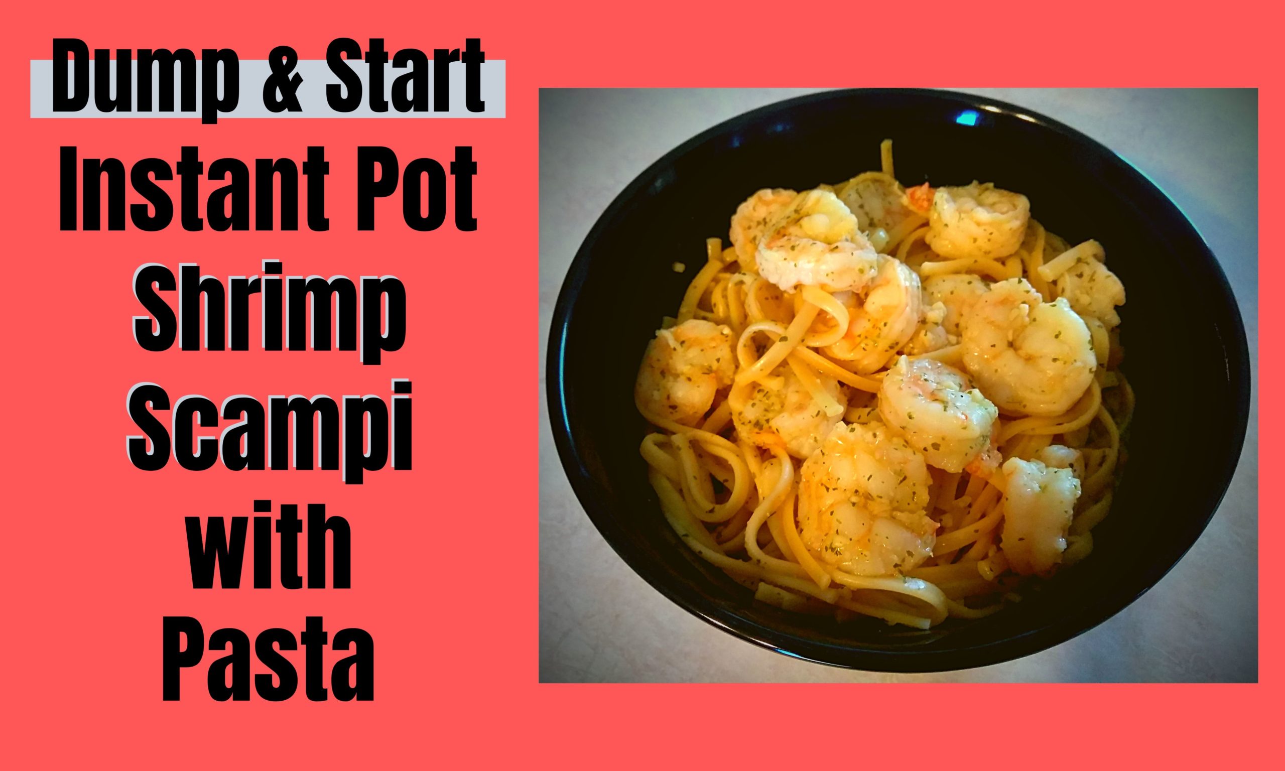 A black bowl filled with Instant Pot Shrimp Scampi with Linguini noodles.