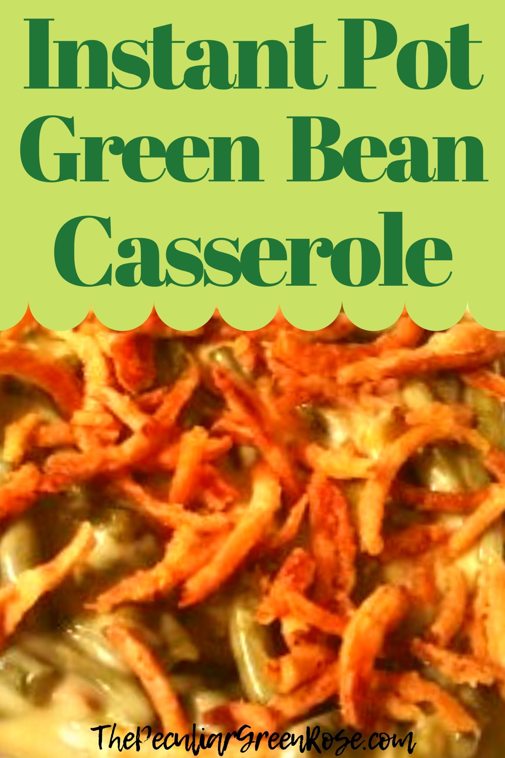An enlarged picture of green bean casserole topped with fried onions.