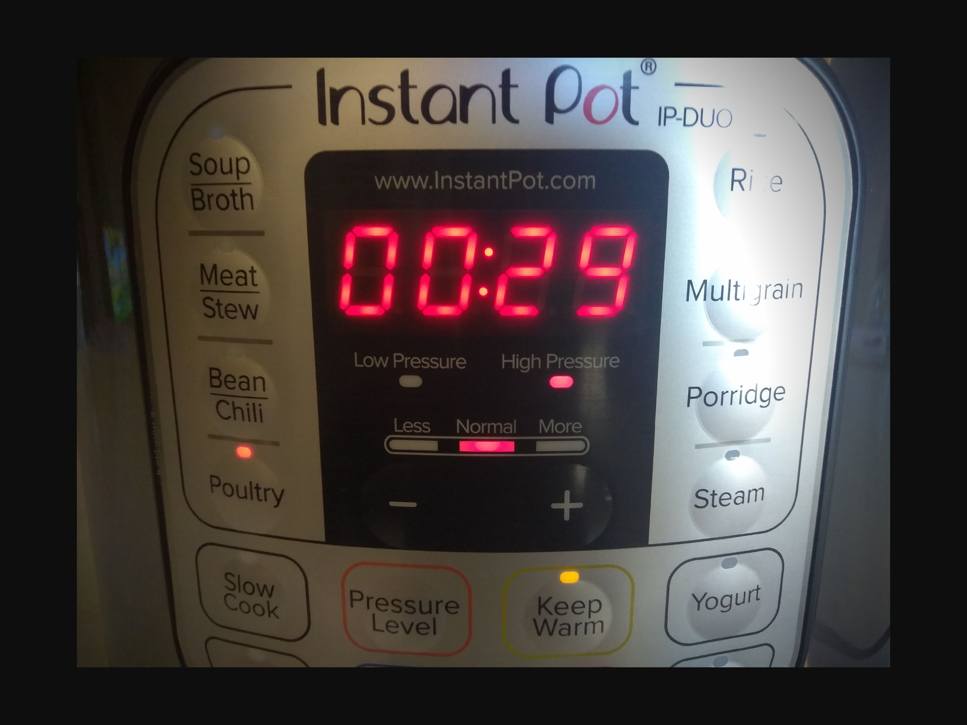 An 8 qt. Instant Pot Timer set for 29 minutes.