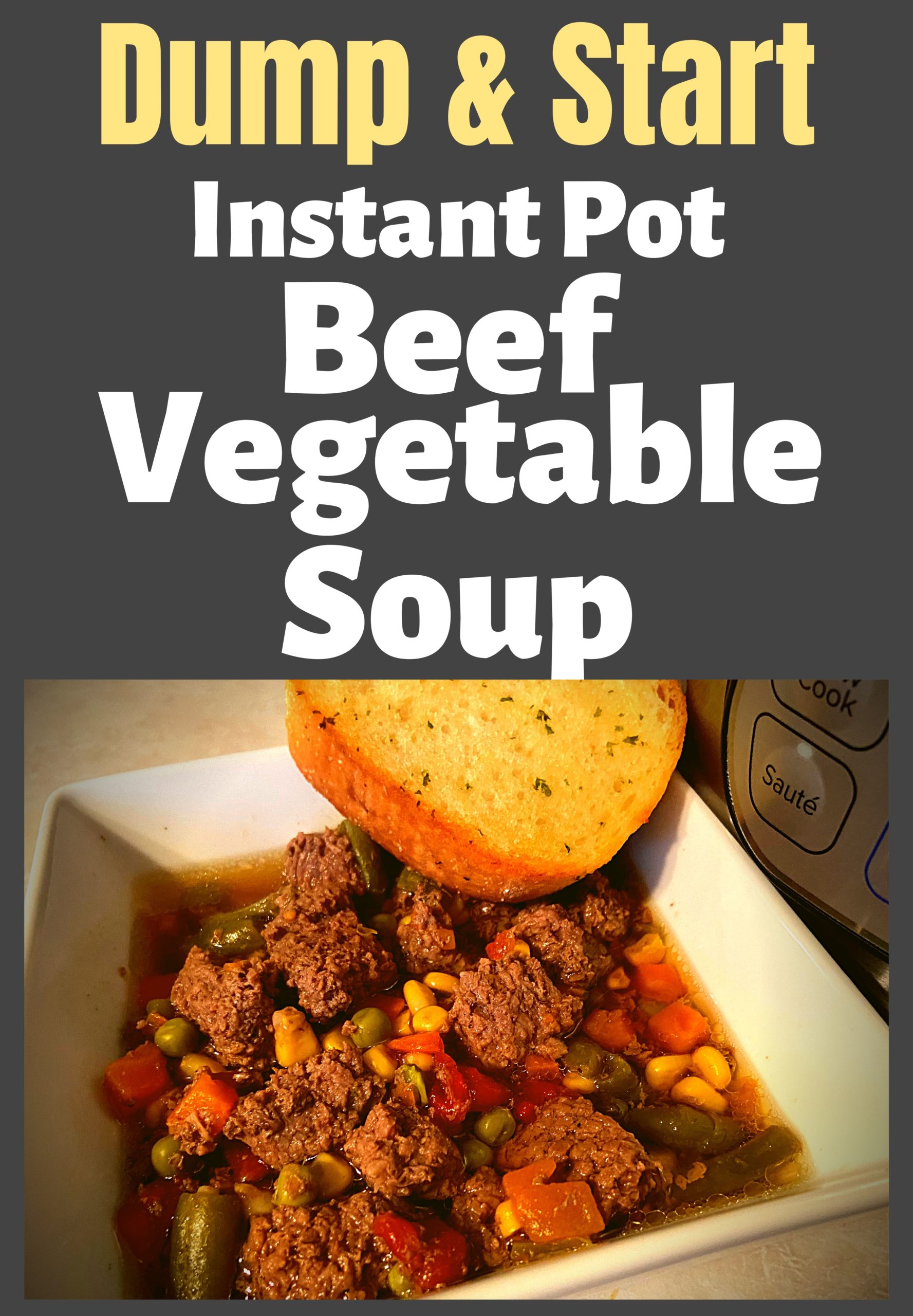 A white square bowl filled with Instant pot beef vegetable soup sitting in front of an Instant Pot on top of a kitchen counter.