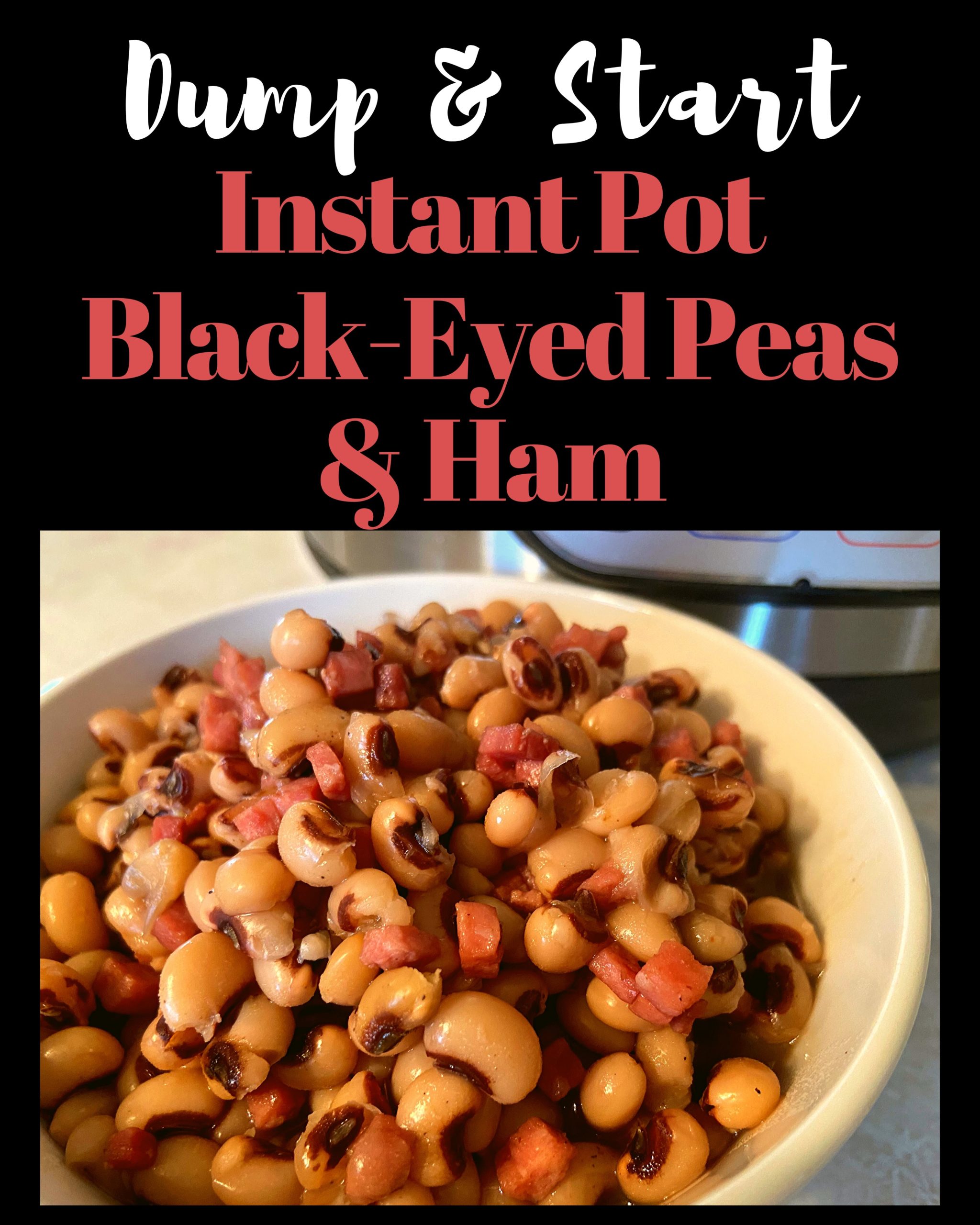 A white bowl filled with black eyed peas and ham sitting on a counter top in front of an Instant Pot.