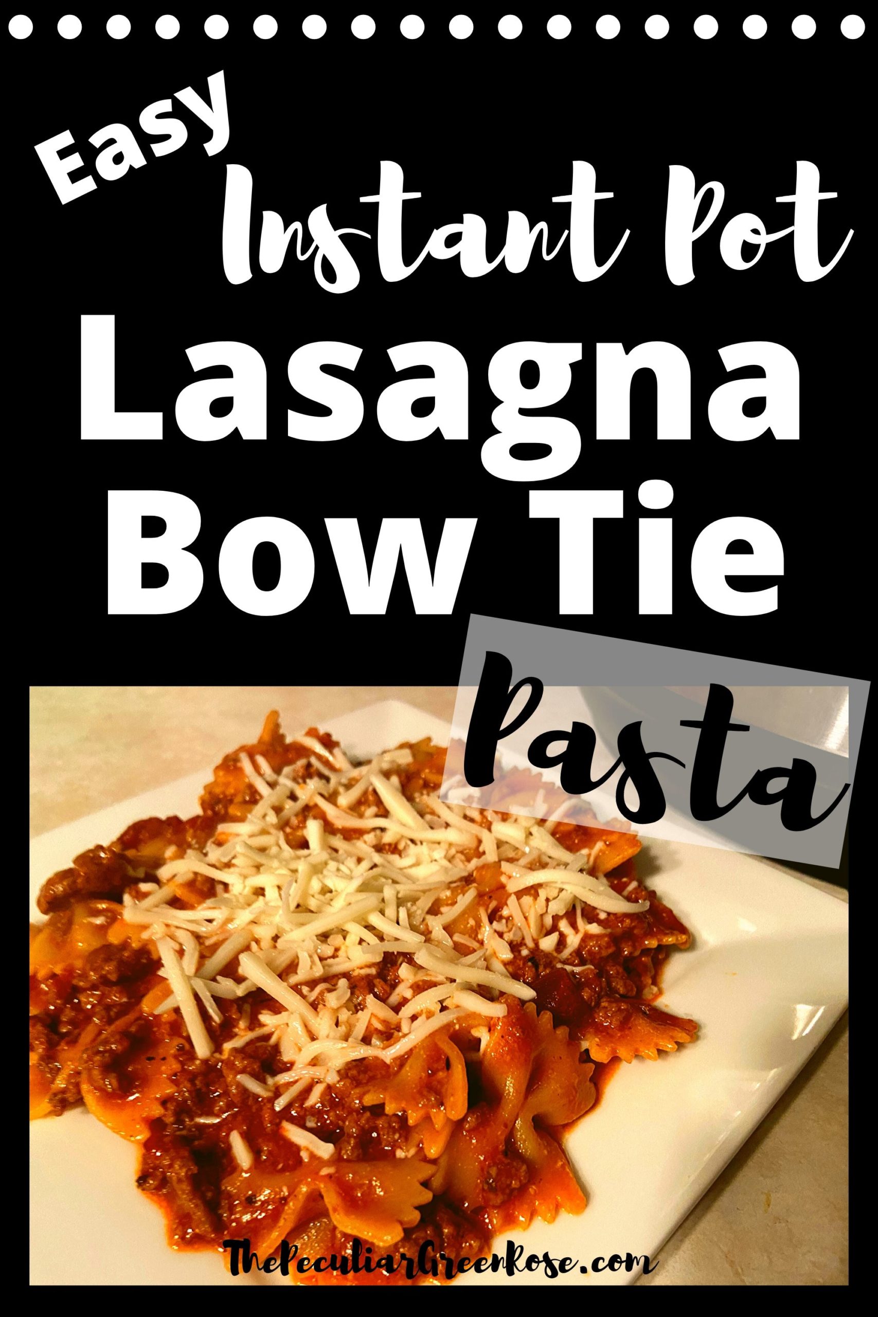 A square white plate filled with Instant Pot Lasagna Bow Tie Pasta topped with shredded mozzarella cheese sitting in front of an Instant pot on a kitchen counter.