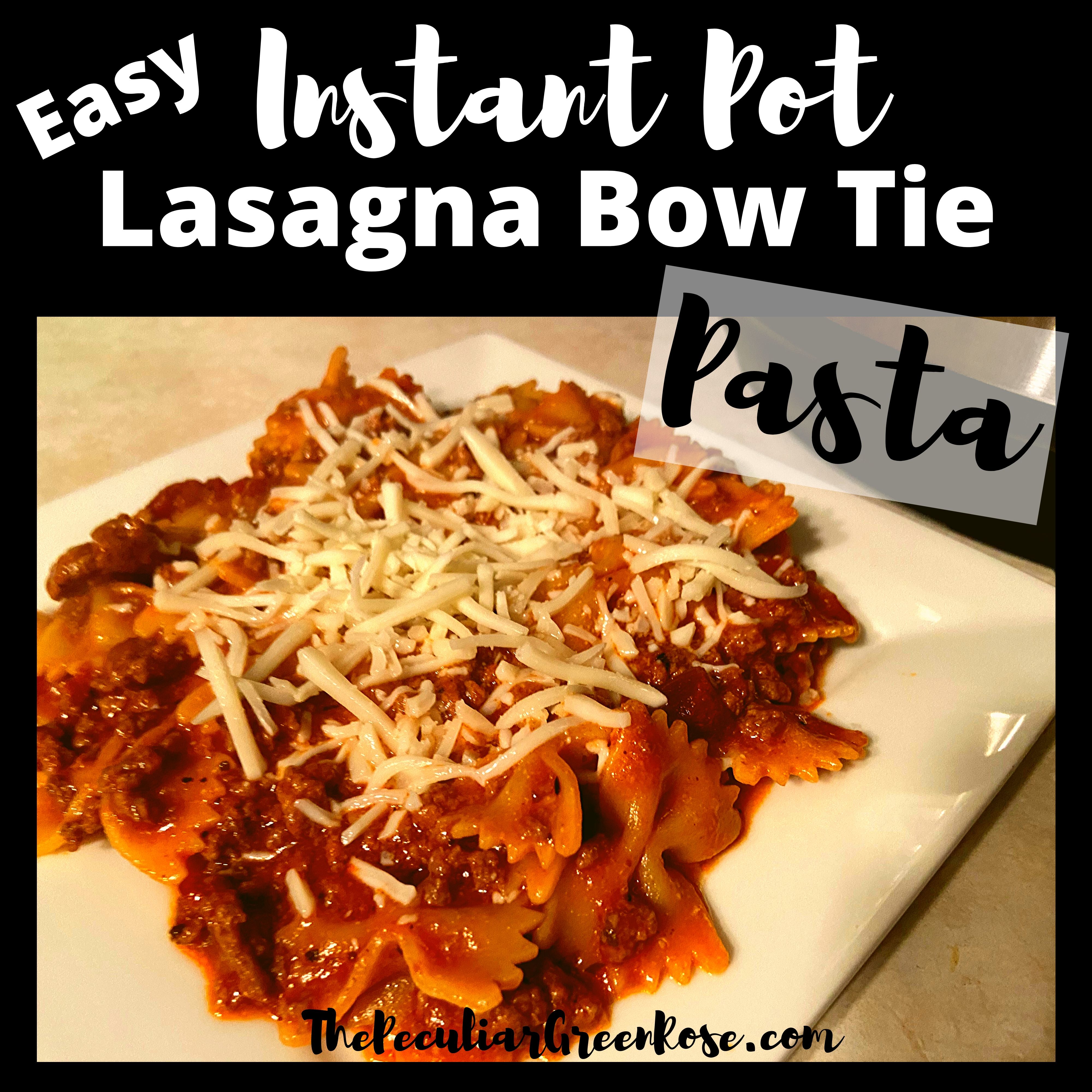 A square plate filled with Easy Instant Pot Lasagna Bow Tie Pasta sitting on a kitchen counter in front of an Instant Pot.