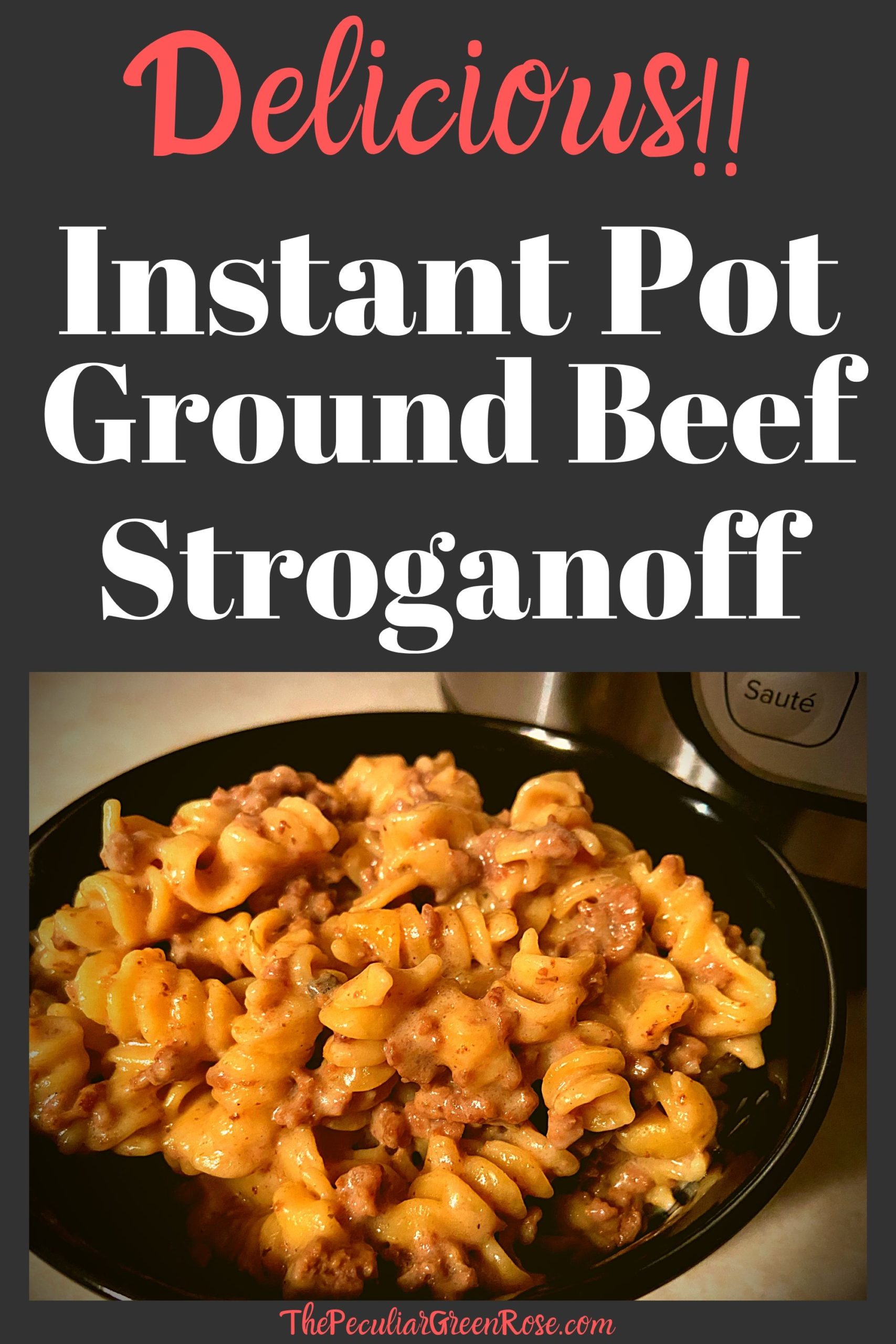 A black bowl filled with instant pot ground beef stroganoff sitting on a kitchen counter in front of an Instant Pot.