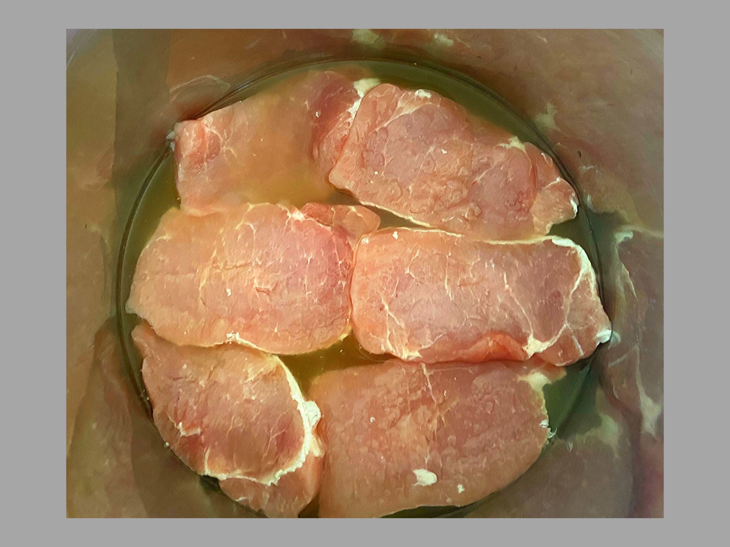 Raw 1" sliced pork roast in an instant pot with 1 cup of chicken broth
