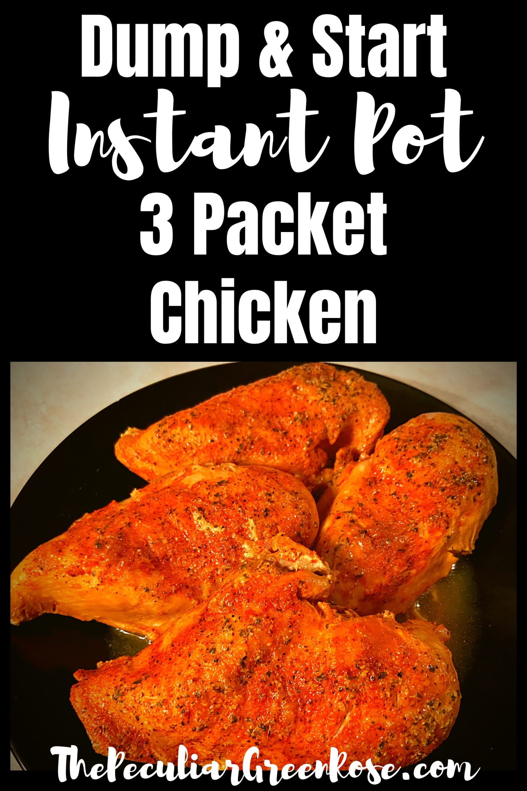 A black plate filled with 4 large chicken breasts covered in 3 packets of seasoning.