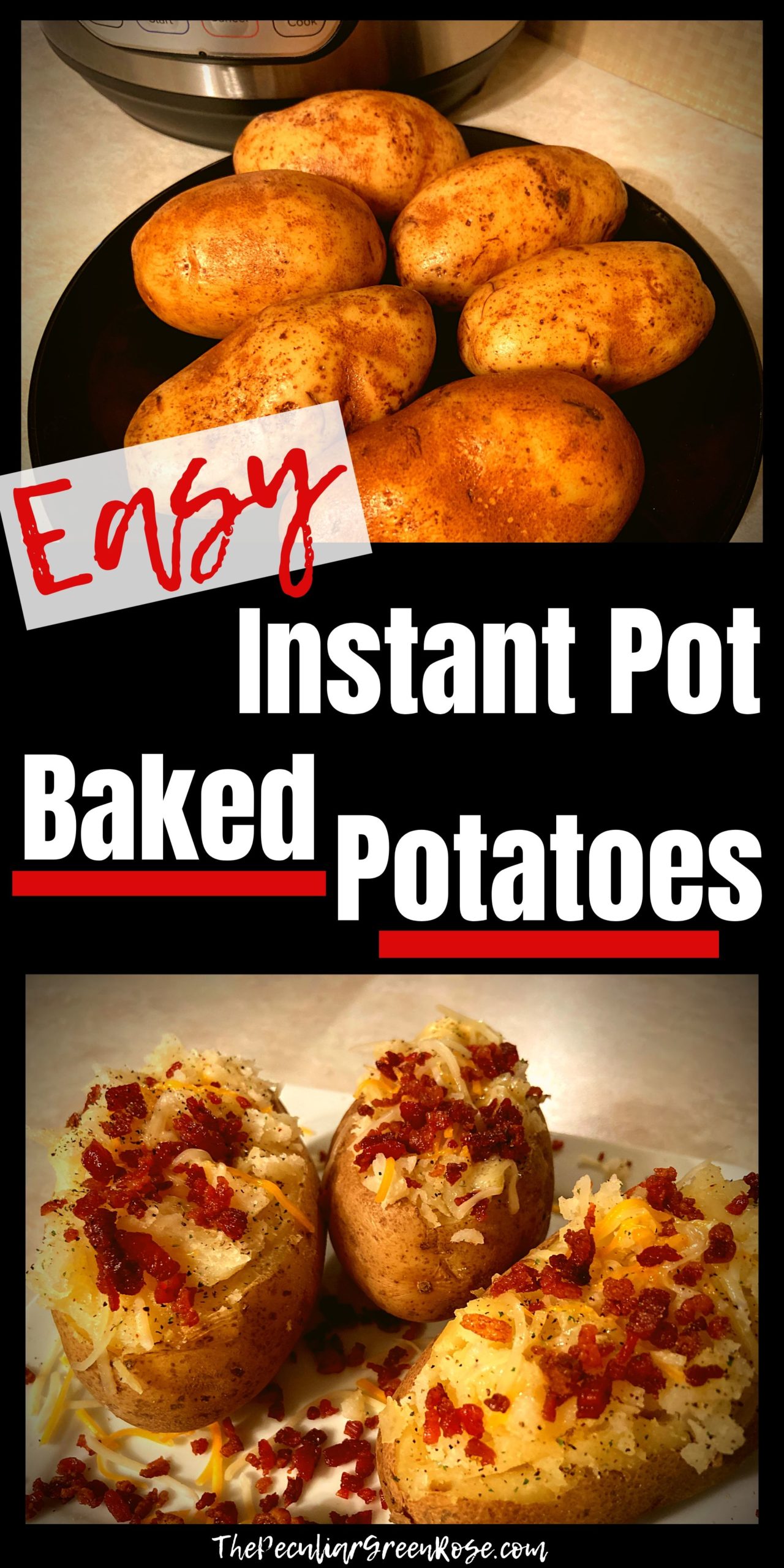 A black plate with 6 raw potatoes on a kitchen counter in front of an Instant Pot. A white square plate with 3 Instant Pot Baked Potatoes topped with butter, shredded cheese, and bacon bits.
