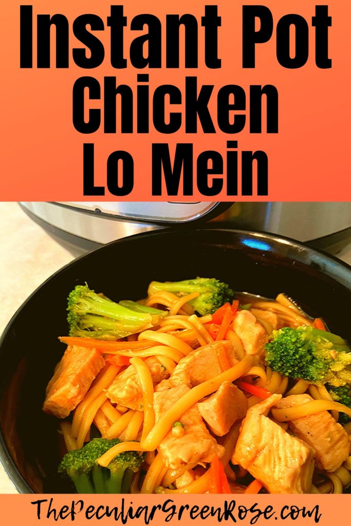 A black bowl filled with chicken lo mein sitting on a counter top in front of an Instant Pot.