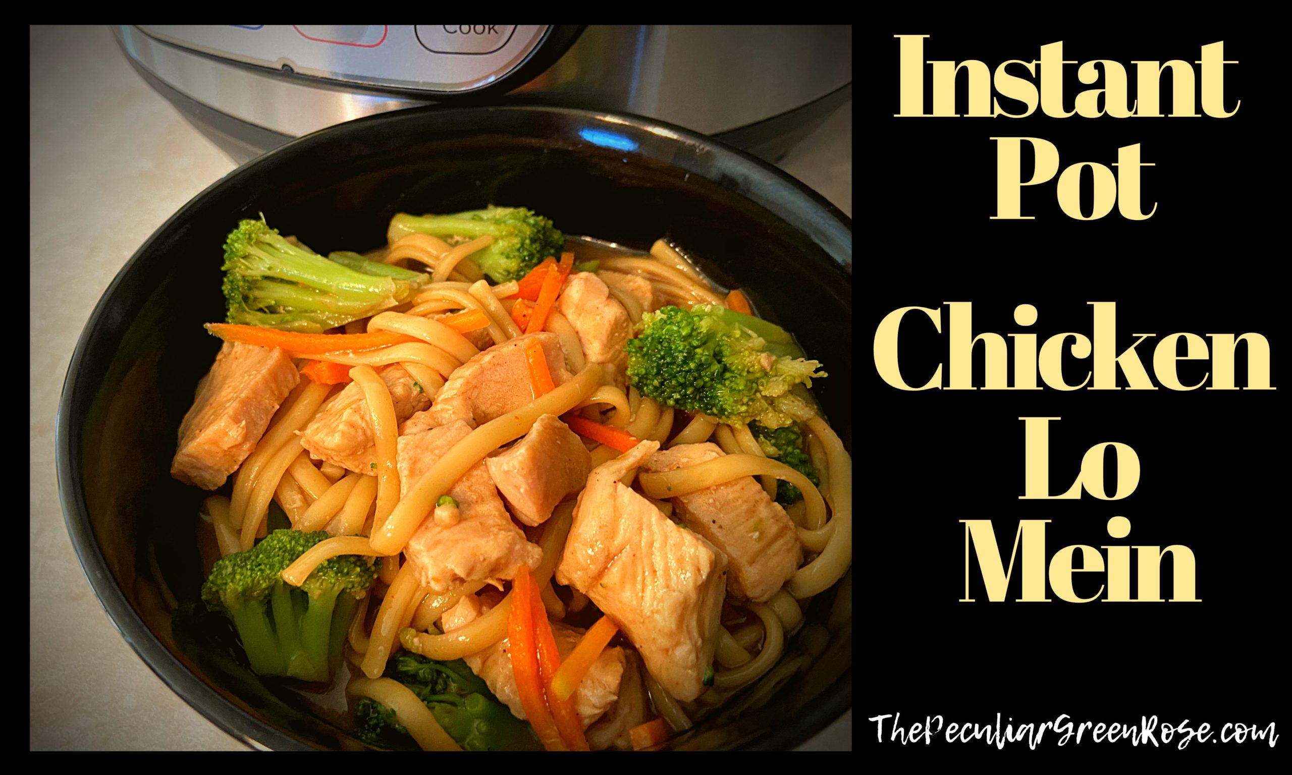 A black bowl filled with instant pot chicken lo mein.