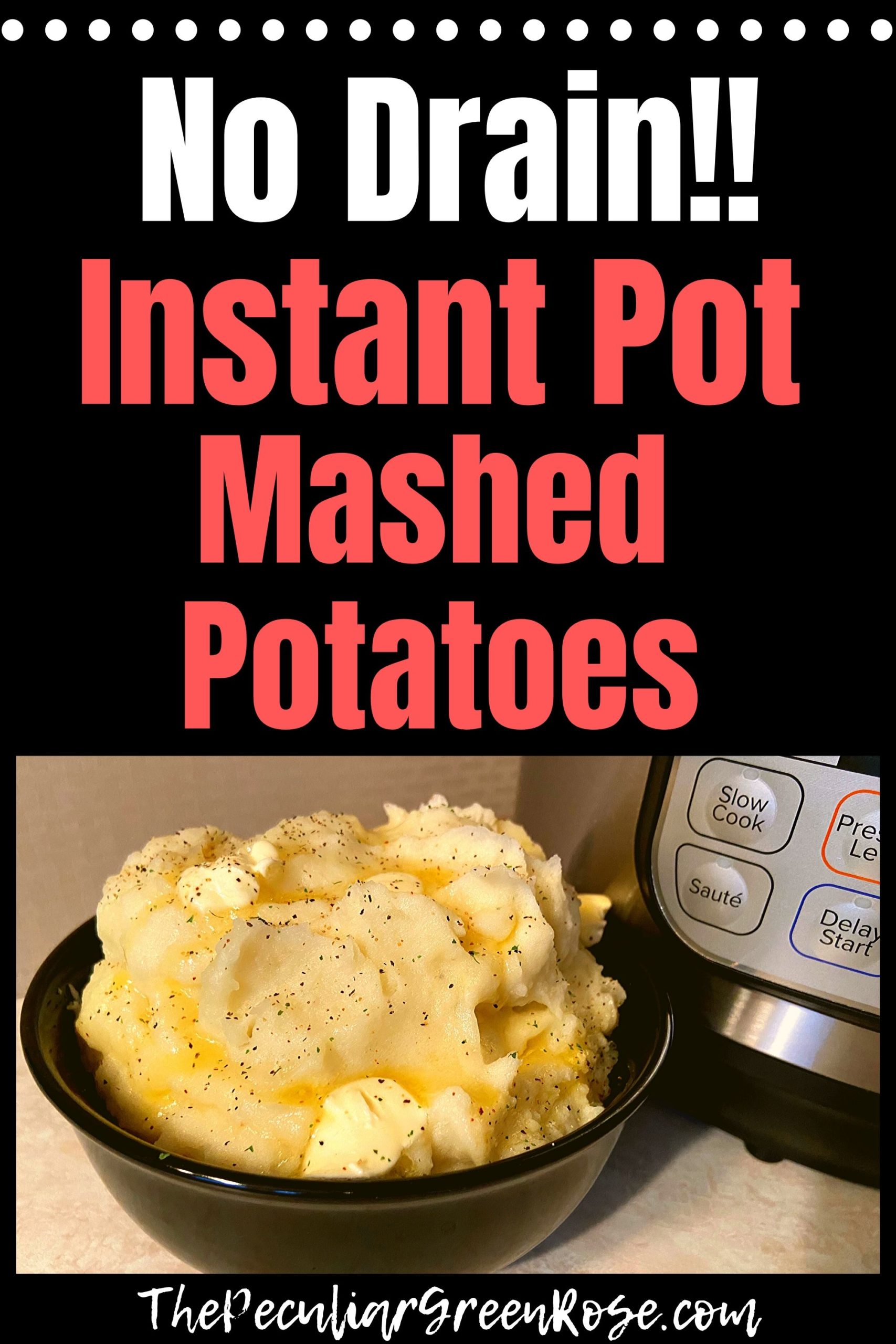 A black bowl filled with mashed potatoes topped with butter and seasoning on a kitchen counter in front of an Instant Pot.