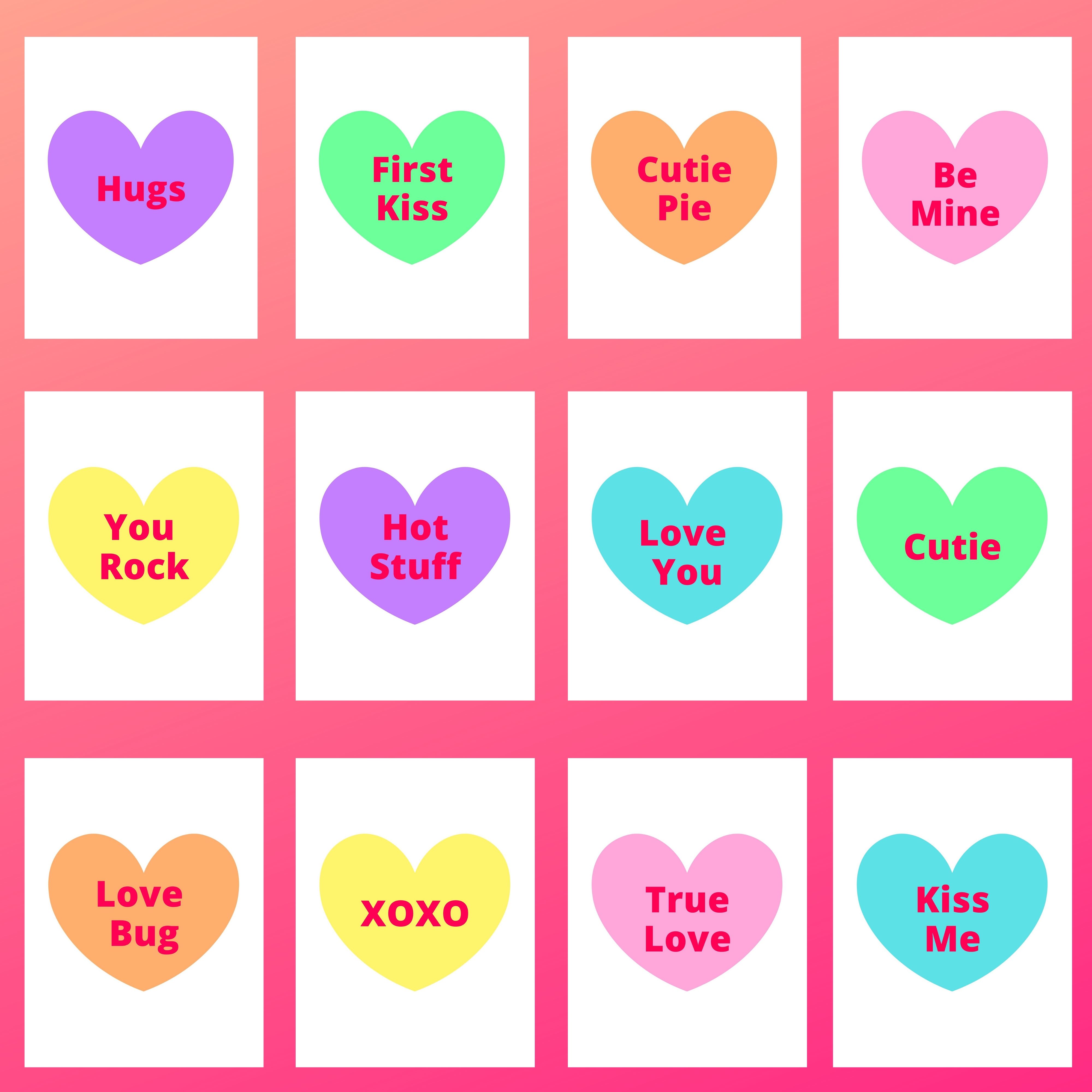 12 (8 1/2" x 11") white pages with valentine conversation heart candies on them to print and cut out for a banner.