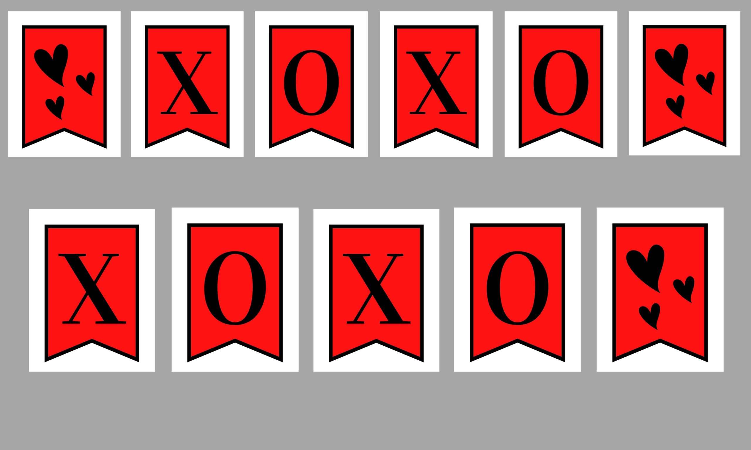 Red and black XO XO Valentines Day Banner on 8.5 x 11 pages to be cut out and hung up for a Valentines banner.