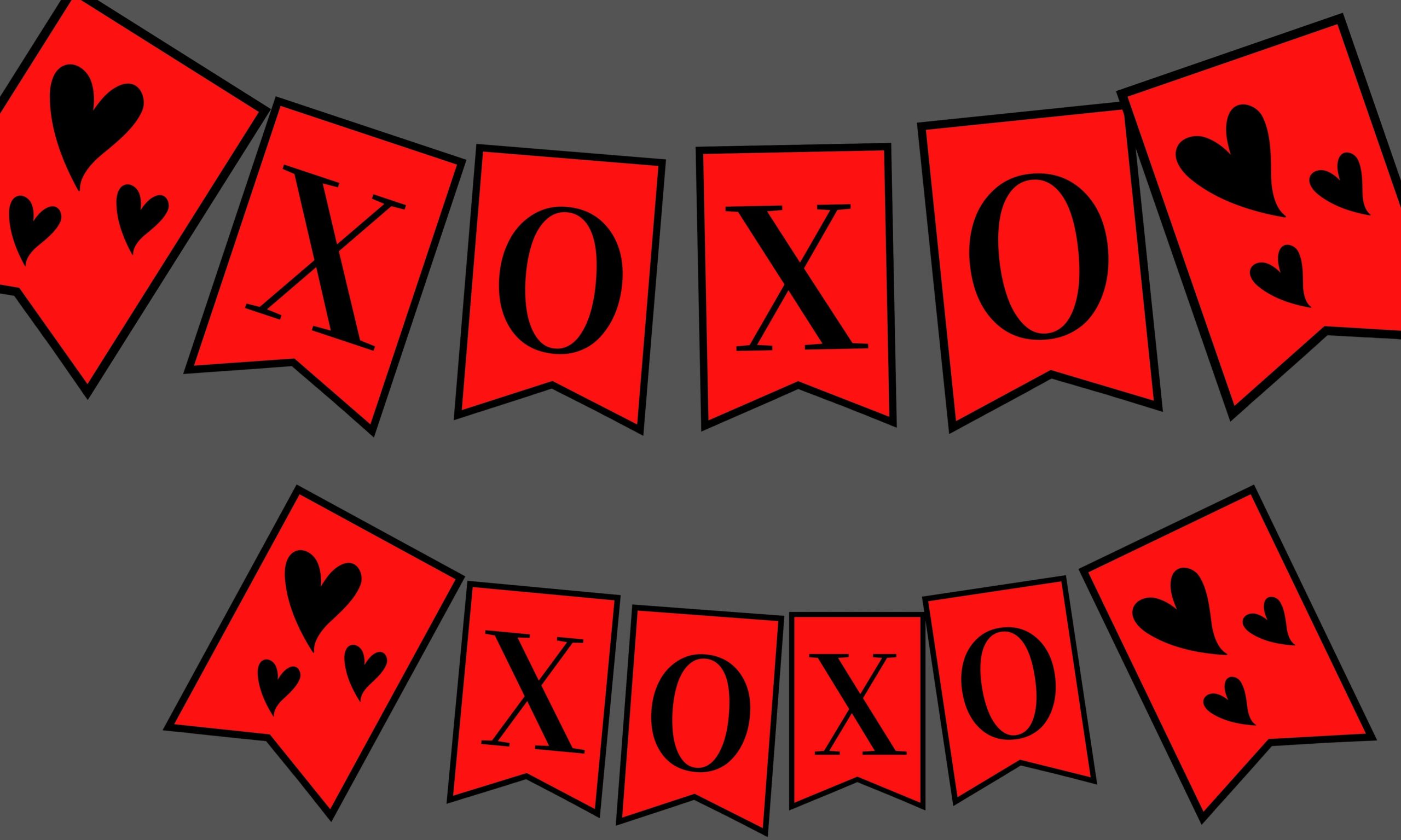 XO XO and hearts black and red Valentines banner hung up