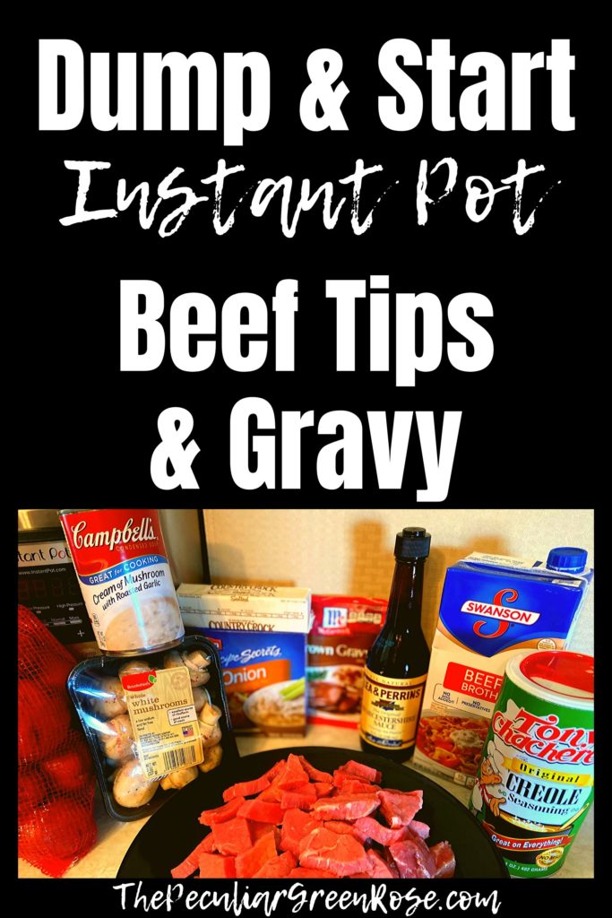All the ingredients to make beef tips & gravy in an Instant Pot sitting on a kitchen counter.