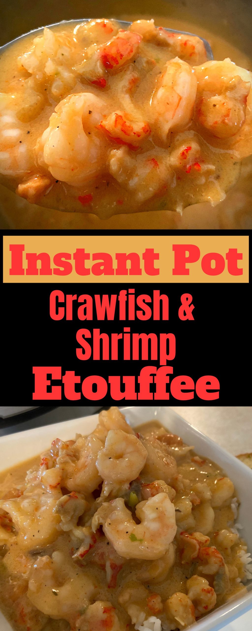 A white bowl filled with white rice topped with Crawfish and Shrimp Etouffee.
