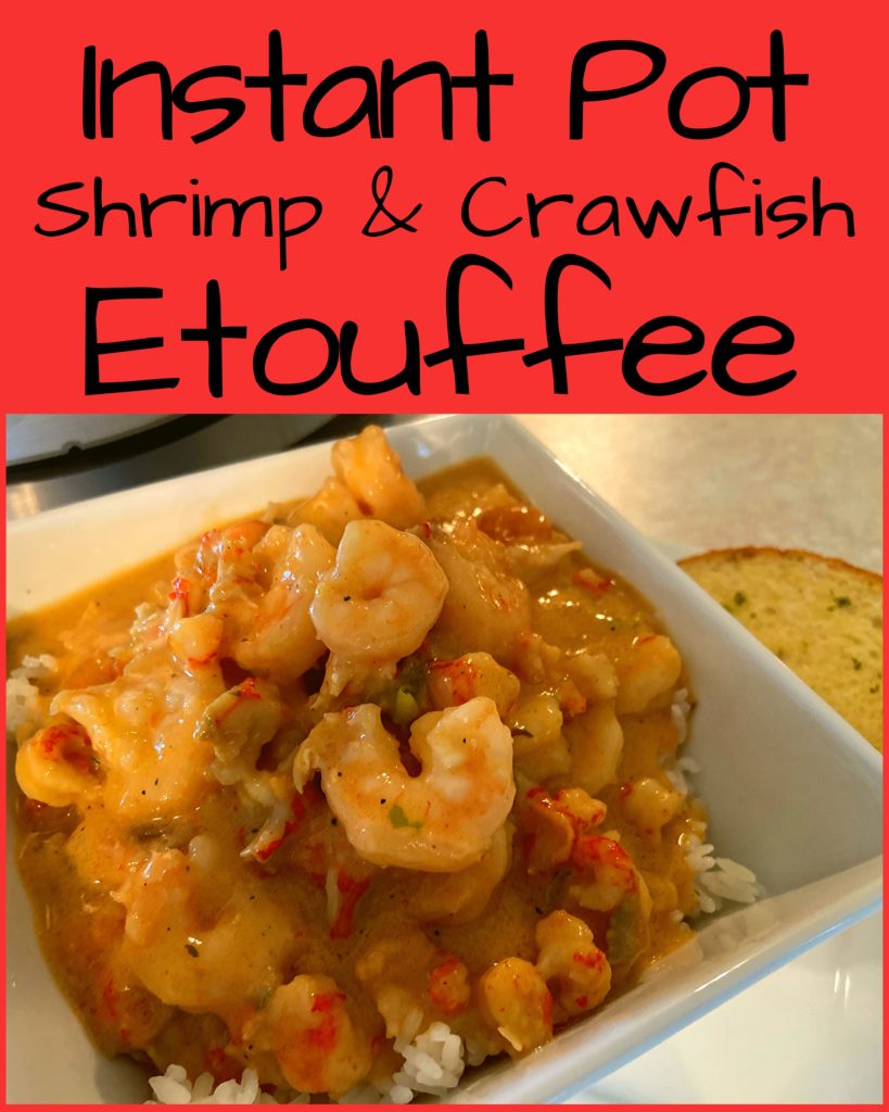 A white bowl filled with rice topped with shrimp and crawfish etouffee sitting on a counter top in front of an Instant pot