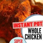 A Instant Pot cooked whole chicken with brown crispy skin.