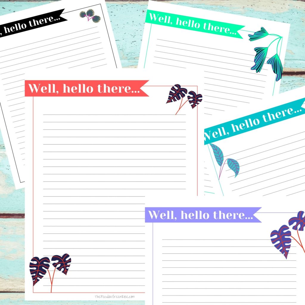 5 printable stationary pages with leaf designs on them.