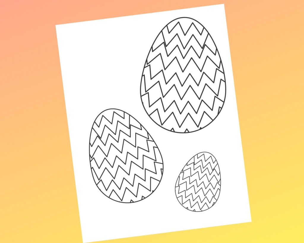 A coloring page with three easter eggs filled with zig zag lines to color.