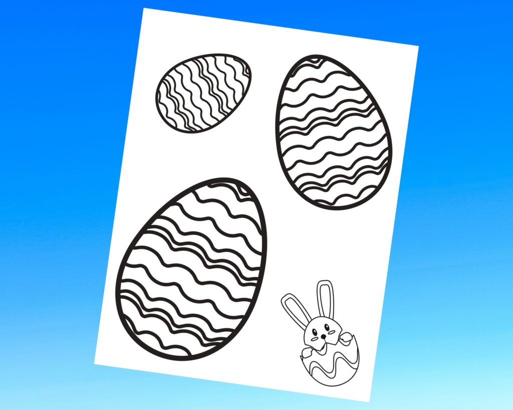A coloring page with three easter eggs filled with wavy lines to color.