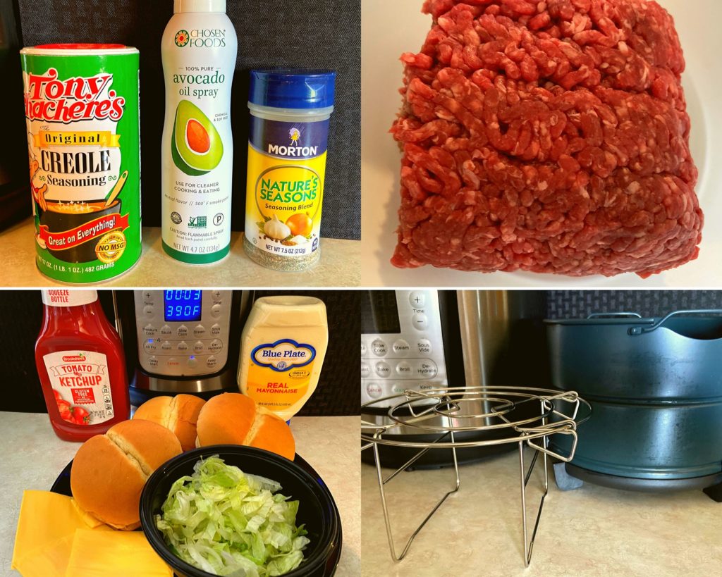 Tony chachere's Seasoning, Nature Seasoning, Avocado Oil Spray, ground meat, hamburger buns, mayonaisse, ketchup, lettuce, and an Instant Pot air fryer basket and stand all sitting on a counter top.
