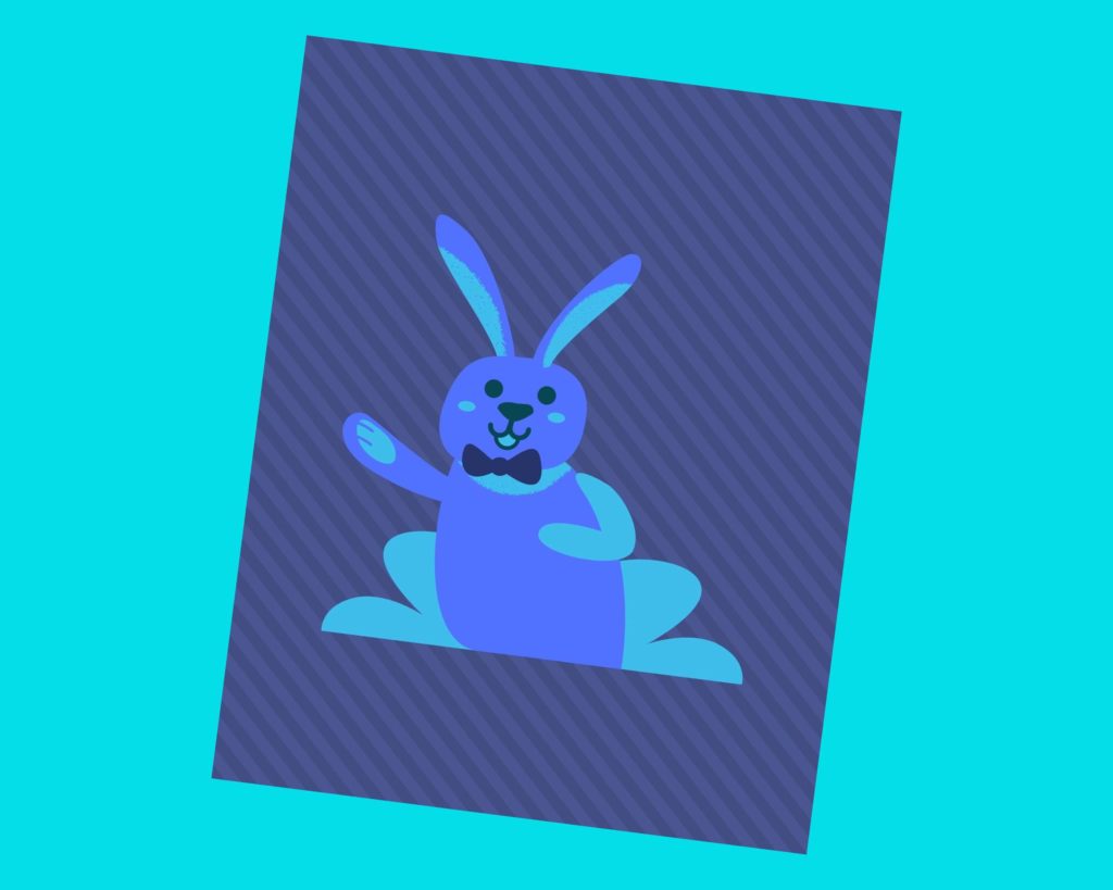 Cute Blue Bunny with a Bow Tie on a striped blue background.