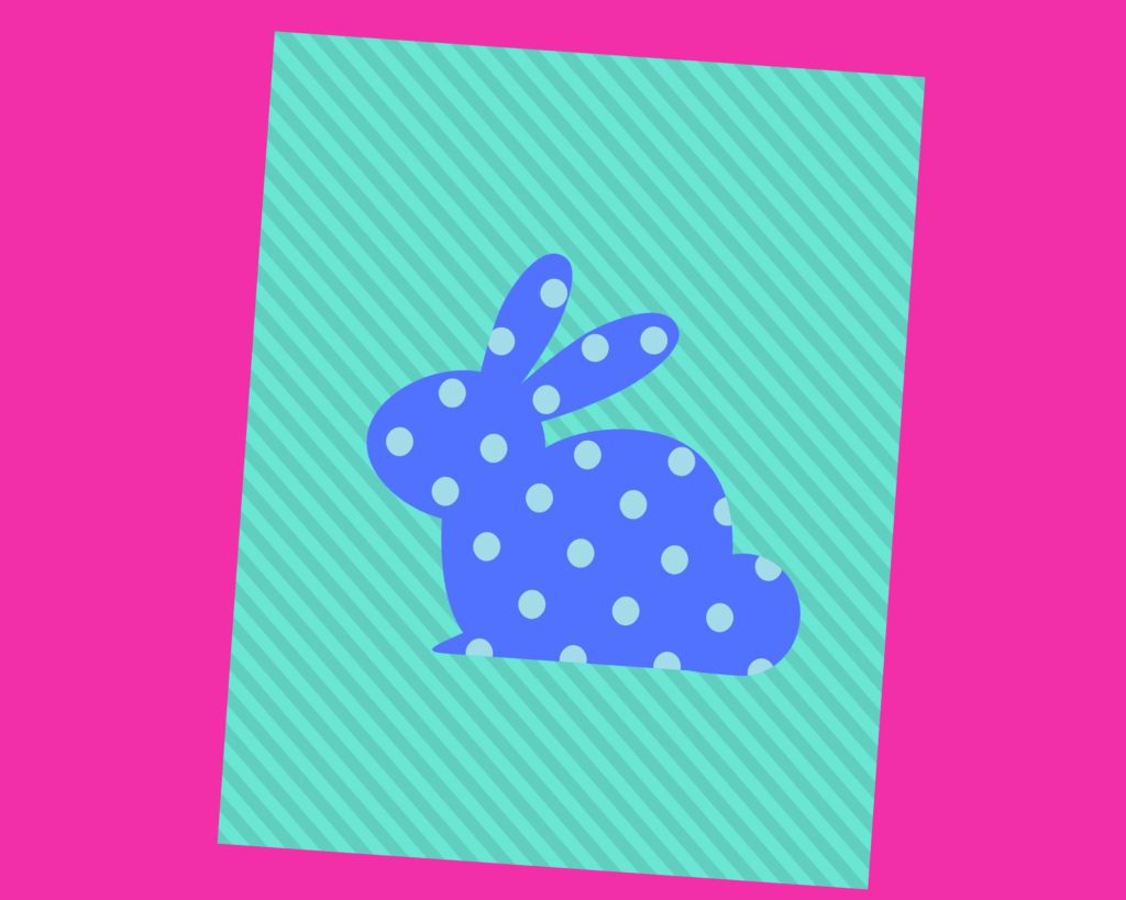 Purple Polka Dot Bunny Silhouette on a aqua stripe background.