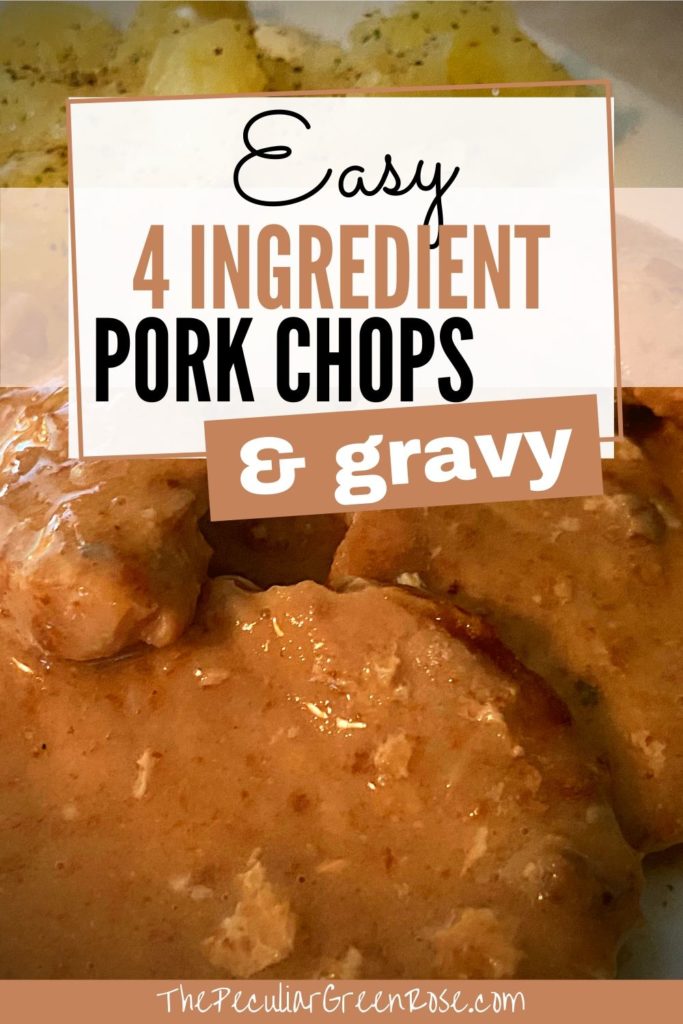 Boneless pork chops in a brown cream of mushroom gravy over potatoes.