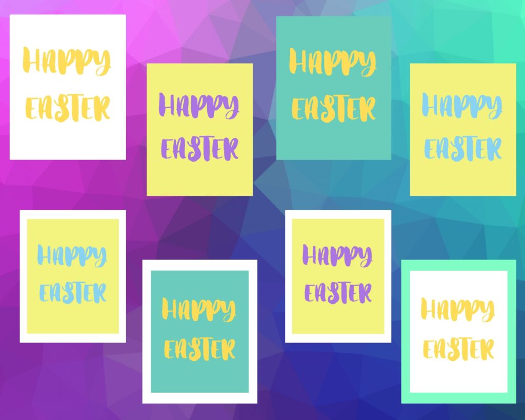 4 Happy Easter decorations in different colors.