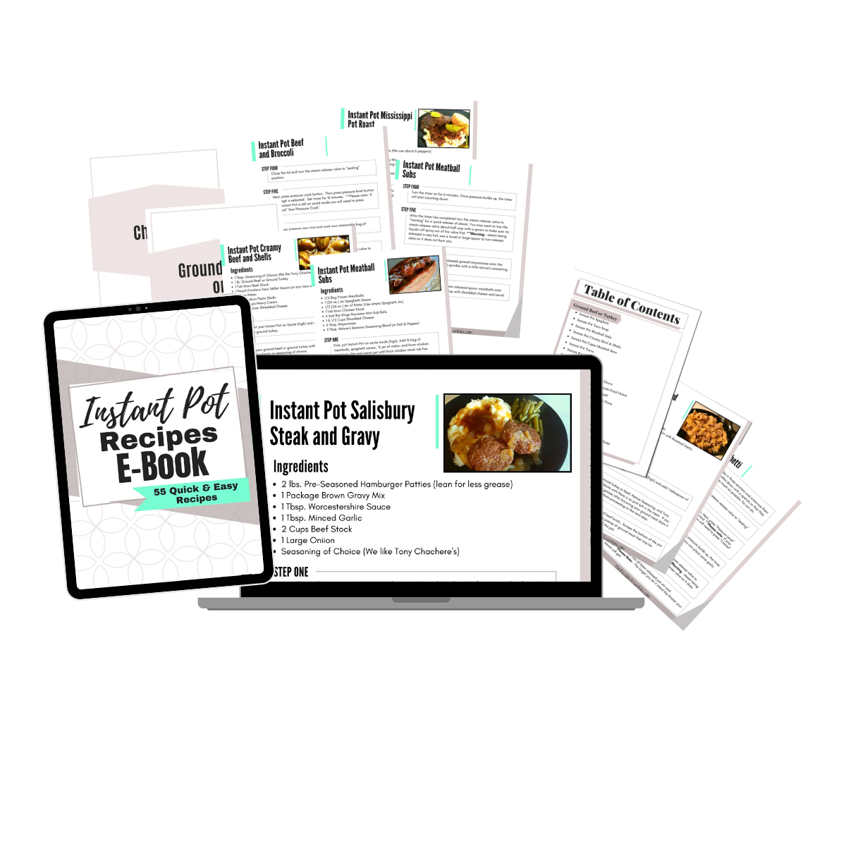 A Instant Pot Recipe Ebook displayed on a tablet, laptop, and pdf print outs.