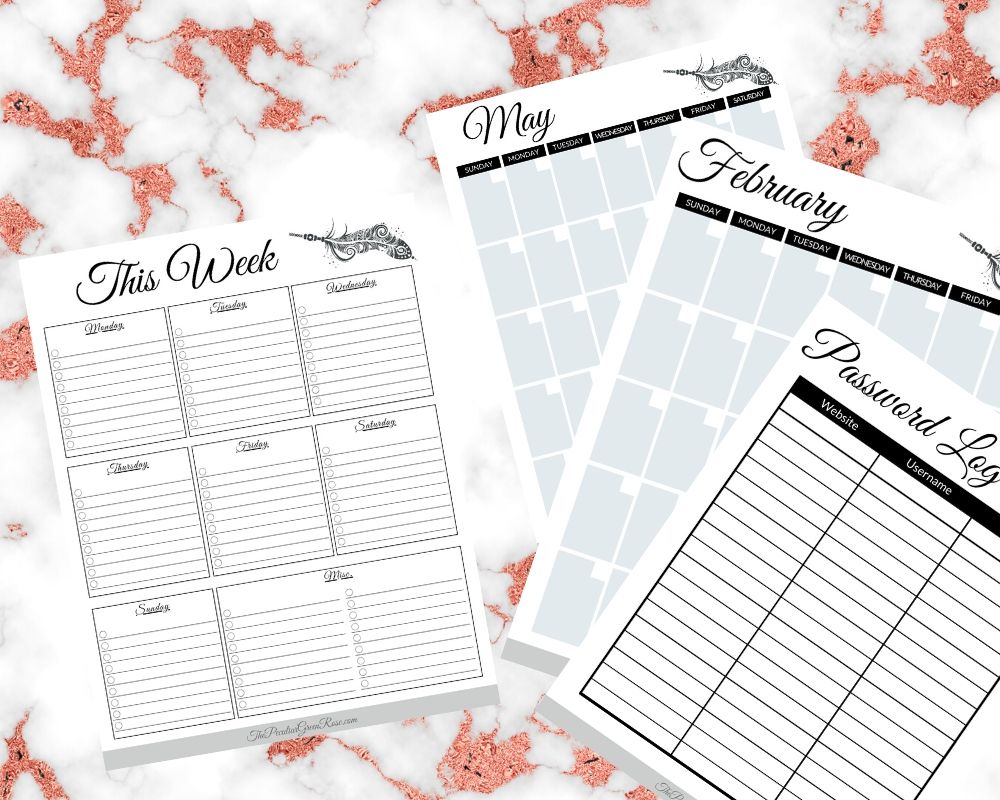 A black and white weekly to do list template next to the matching calendar and password log