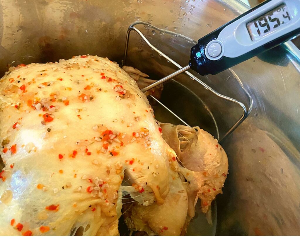 A cooked chicken with a meat thermometer reading 195 degrees.