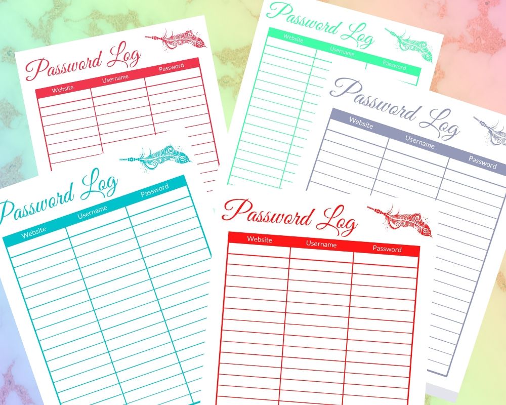 Free Cute Printable Password Log in Multiple Colors