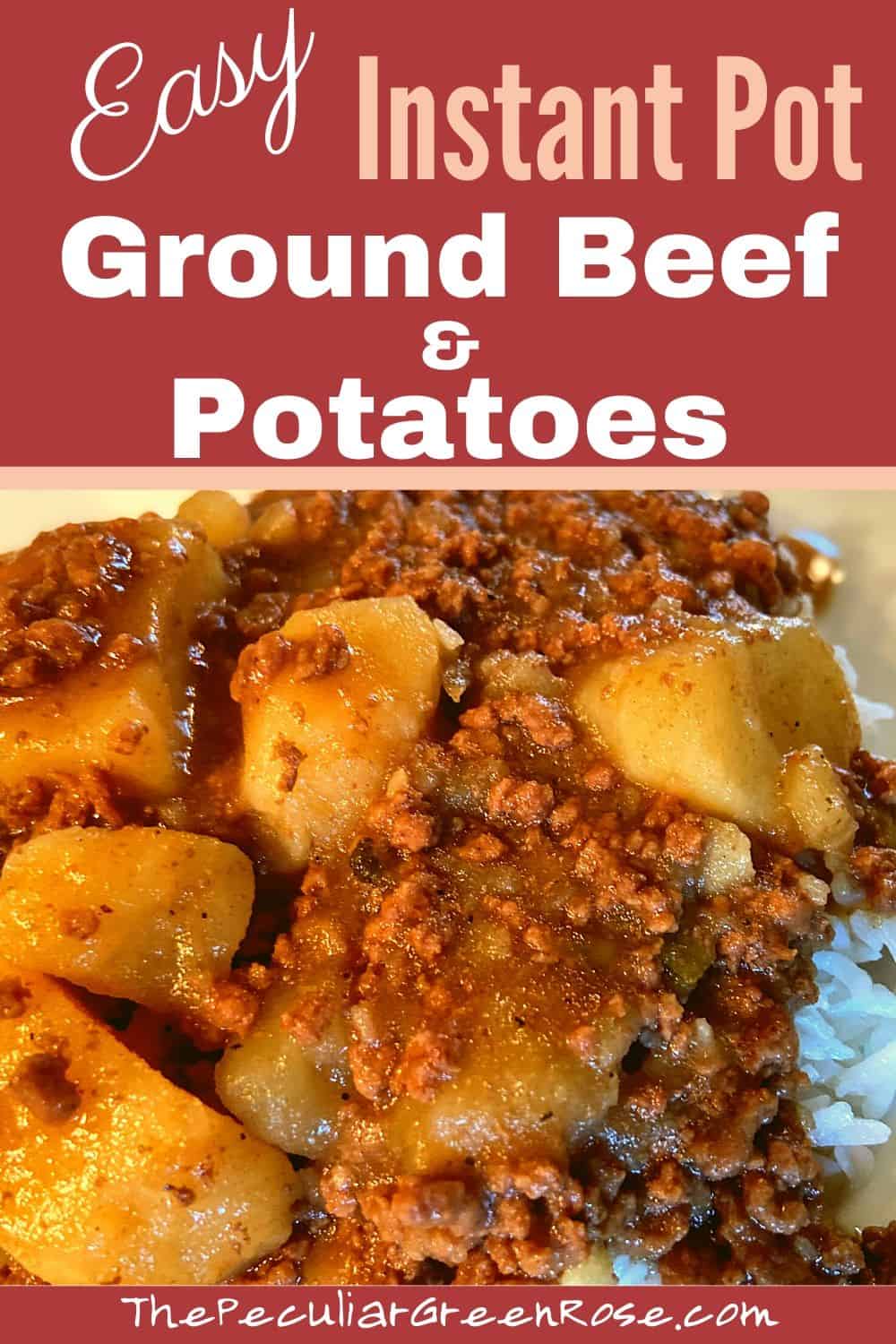 A white plate with Instant Pot ground beef and potatoes.