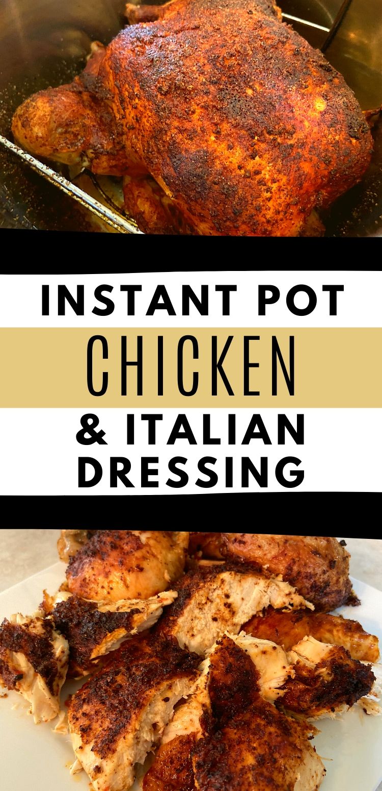 A whole chicken inside of an Instant Pot and cut up pieces of chicken on a white plate.