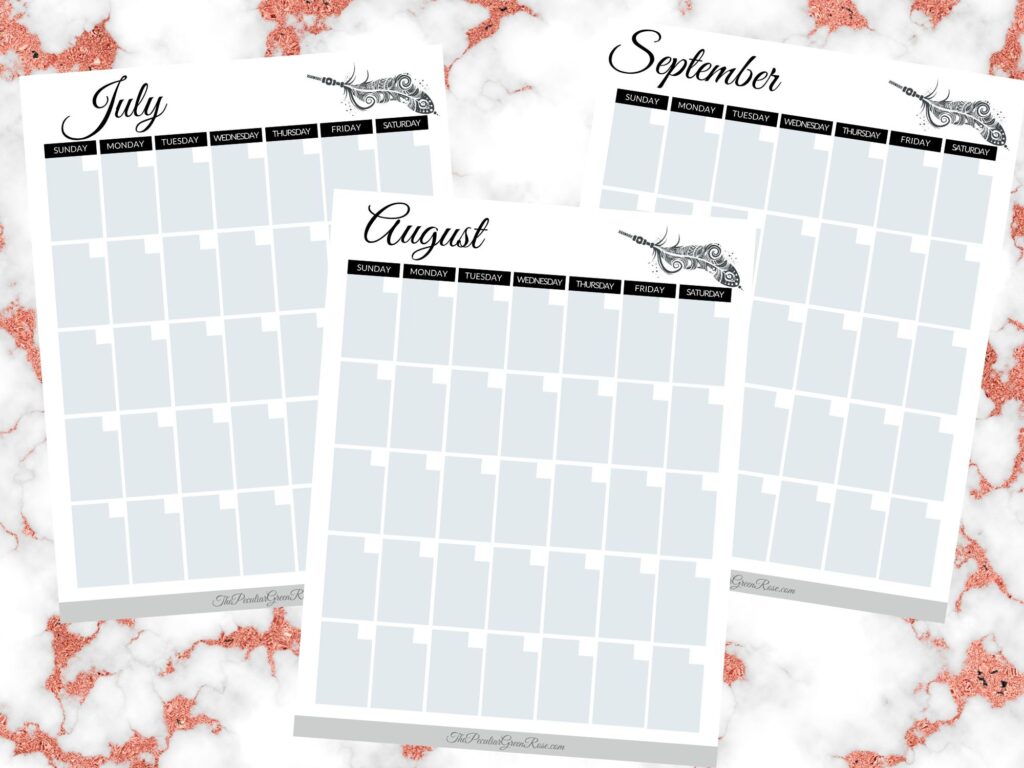 July, August, and September Free Cute Blank Calendar Pages