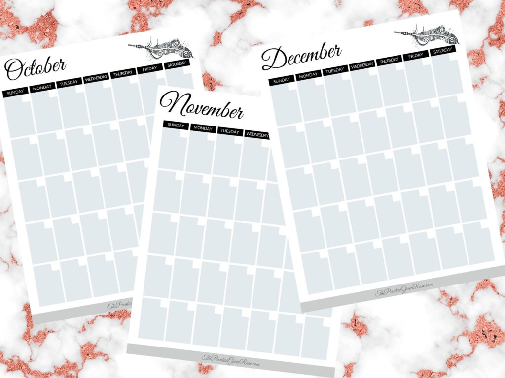 October, November, and December Free Cute Blank Calendar Pages