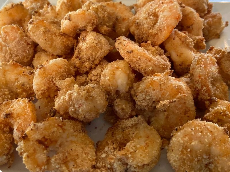 Breaded Air Fryer Fried Shrimp on a white plate.