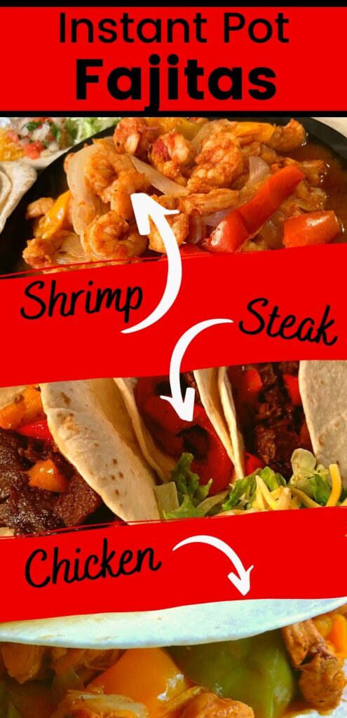 Shrimp fajitas, steak fajitas, & chicken fajitas prepared and on a plate.