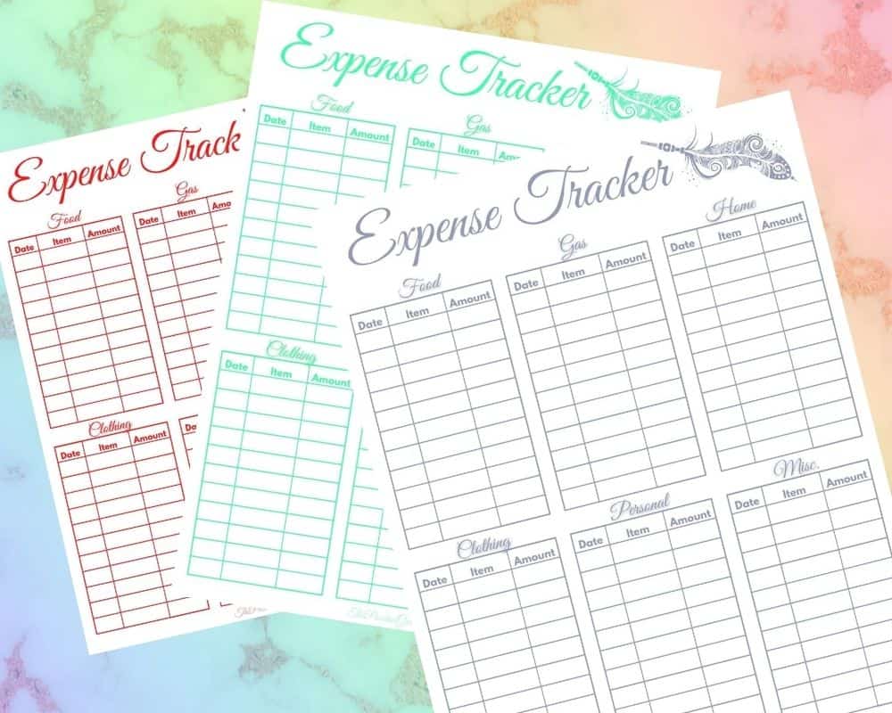 A pink, green, and purple spending lot template (sheet) on a marble counter top.