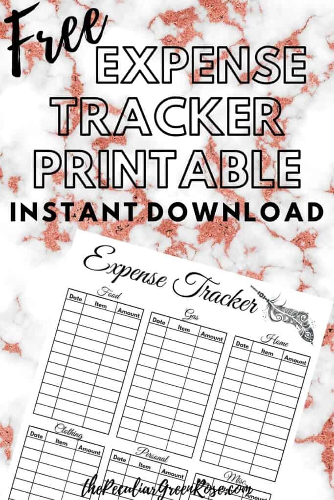 A black and white expense tracker printable on a marble countertop.