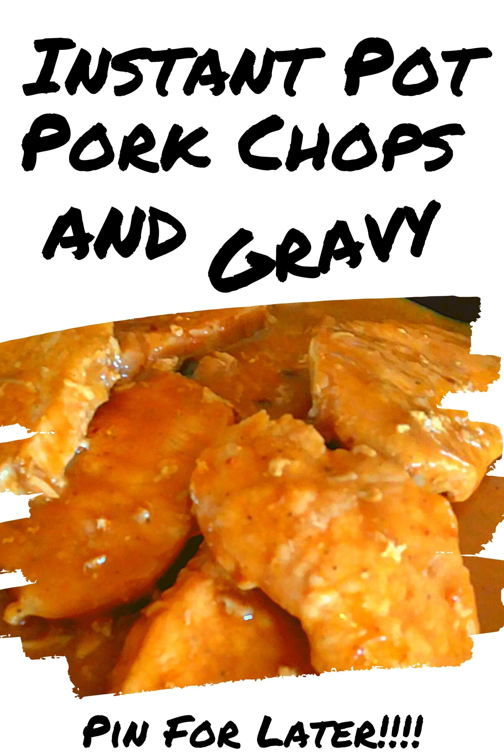 Instant Pot Boneless Pork chops on a black plate covered in brown gravy.