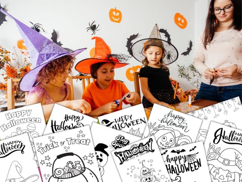 11 pumpkin spooky coloring pages on a crafting table