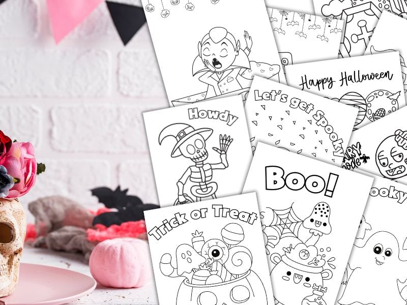 41 Cute and Spooky coloring pages in a halloween themed party room