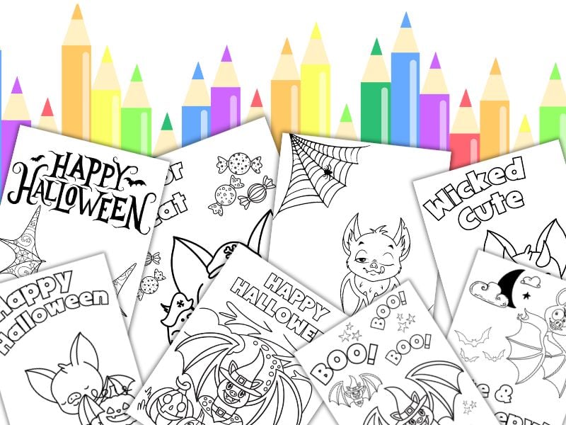 8 bat spooky coloring pages on a set of colored pencils 