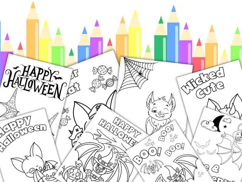 8 bat spooky coloring pages on a set of colored pencils 